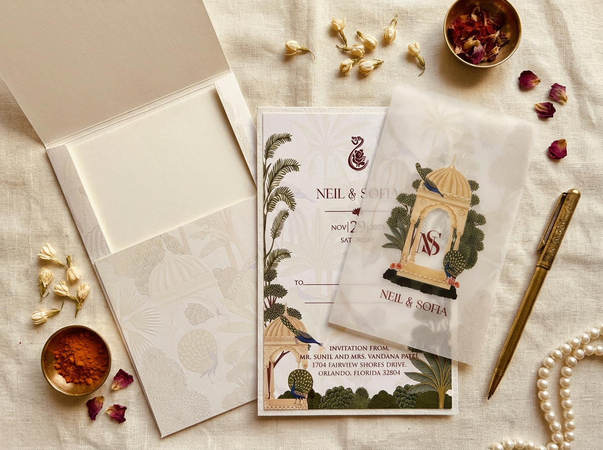 Custom Indian wedding invitation packaging — South Asian wedding card presentation set