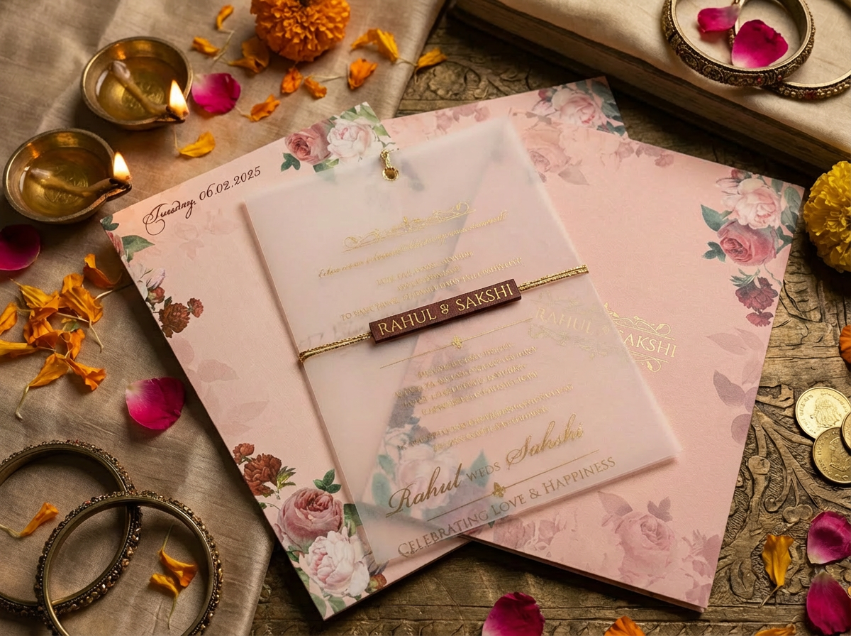 Luxury kankotri packaging set — premium Indian wedding invitation box with gold accents