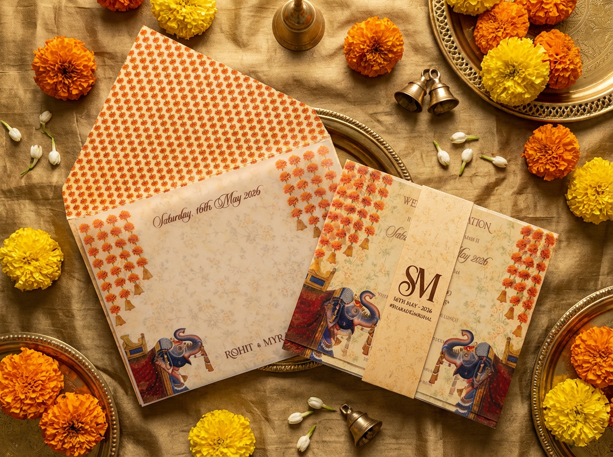 South Asian wedding stationery packaging — premium kankotri invitation set with ribbon